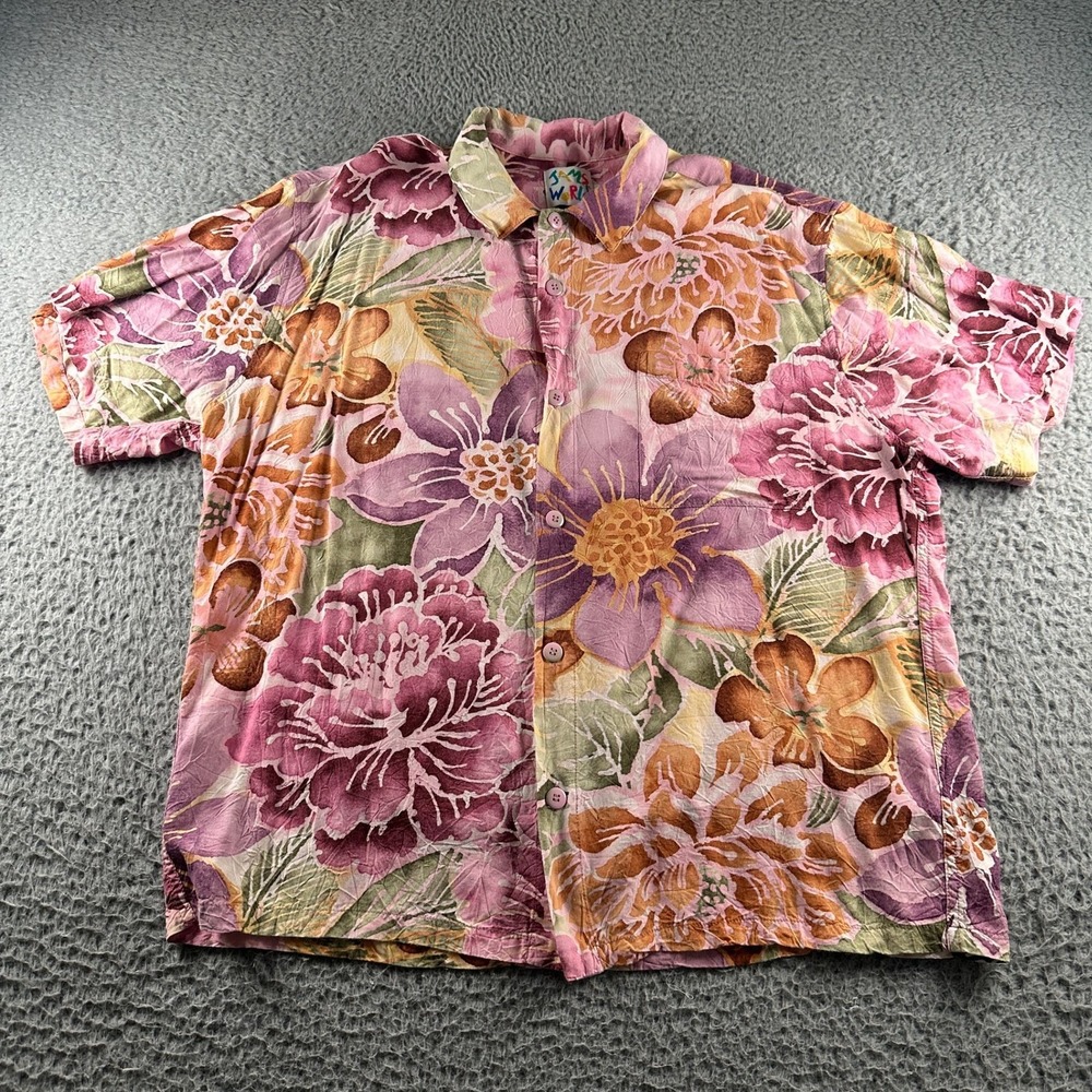 Vtg Jams World‎ Shirt Mens L Hawaiian Floral Rayon Short Sleeve Mauve Tropical